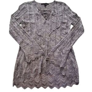 White House Black Market Gray Chevron Vneck Women's Tunic Lace Up Sweater Size M